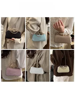 Detailed grid view of elegant evening clutch bags in six colors with rhinestone texture