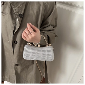 Macro detail of silver rhinestone evening box bag with gold metal handle and chain strap