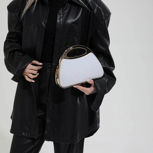 Elegant silver sequin evening shell bag with gold metal handle and chain strap for women
