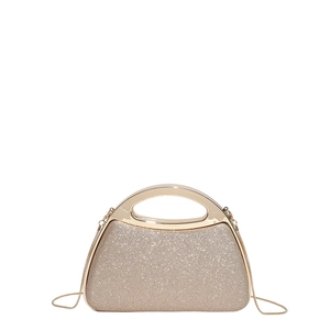 Champagne gold sequin evening clutch bag with arc metal handle and chain strap