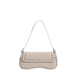 Beige underarm bag featuring silver rivet trim and a slim leather shoulder strap