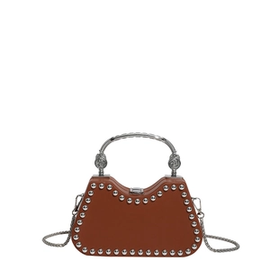 Brown box bag with silver rivets, lion head hardware and metal woven handle
