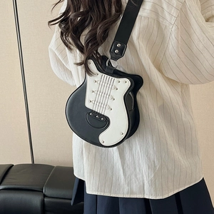 Chic guitar shaped crossbody bag with rivets and black and white PU leather design