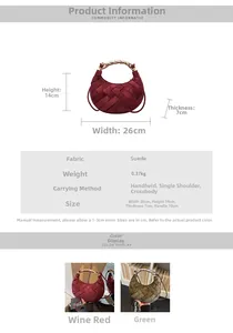 Detailed dimensions of suede woven crescent bag with golden metal twisted handle