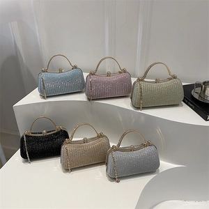 Sparkly rhinestone box evening bags in six colors with metal handles and chain straps