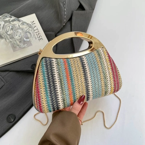 Sac À Bandoulière En Paille Tressée Pour Femme Avec Poignée En Métal Doré Et Chaîne Style Bohème Vintage Sac De Soirée
