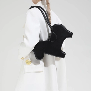 Unique dog-shaped black PU leather shoulder bag for women with minimalist styling