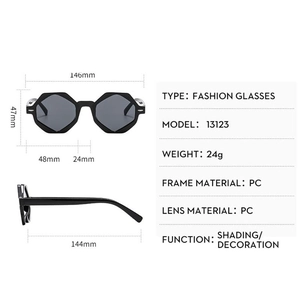 Detailed size chart for retro hexagonal sunglasses with specific frame and lens dimensions