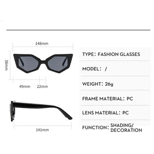 Detailed size chart for black polygonal cat-eye sunglasses with dimensions and weight specs