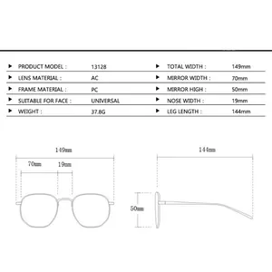 Size chart for oversized square sunglasses showing detailed measurements and PC frame specs