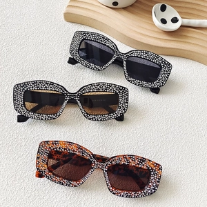 Stylish oversized rectangular sunglasses with sparkling rhinestone frames in three colors