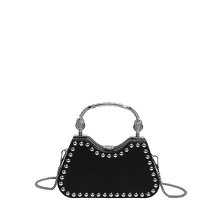 Black box handbag with silver rivets, metal handle, and chain strap in variant view