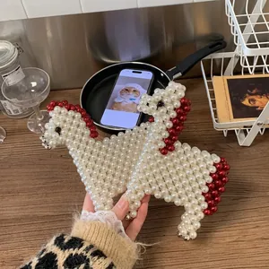 Handmade Woven Faux Artificial Pearl Crossbody Bag Animal Horse Shaped Cute Mini Shoulder Purse For Women Girls Sweet Beaded Handbag