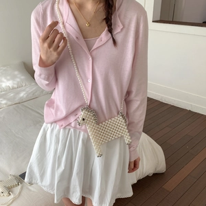 Handmade white pearl woven crossbody bag in cute dog shape with long pearl strap