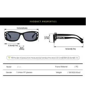 Detailed size chart for retro oval sunglasses with rhinestones and full dimensions