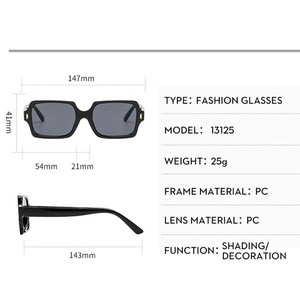 Detailed dimension chart showing frame width and size specifications for square sunglasses