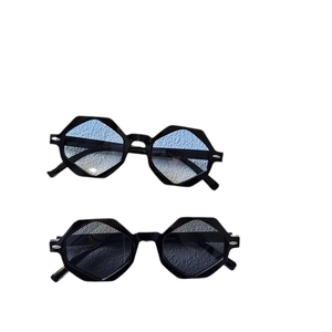 Polygon frame sunglasses featuring blue gradient and dark grey lenses with black temples