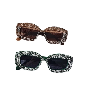 Sparkling rhinestone rectangle sunglasses in brown and green frames for stylish women