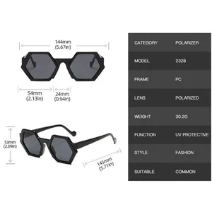 Detailed size chart for oversized hexagonal sunglasses with full frame dimensions