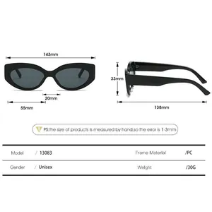 Detailed size chart for retro cat-eye sunglasses including frame width and lens height
