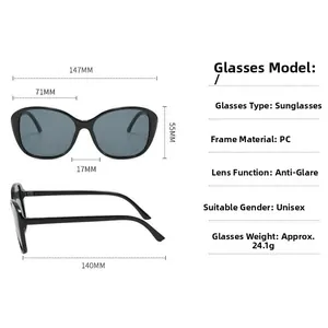 Detailed size specifications for oversized PC frame sunglasses with anti-glare lenses