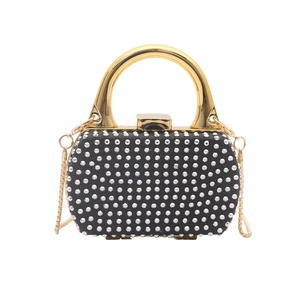 Chic black evening clutch bag with sparkling silver rhinestones and gold metal handle