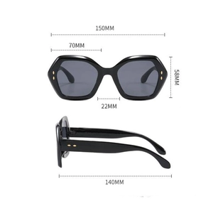 Detailed dimensions of oversized hexagonal sunglasses with frame and lens measurements