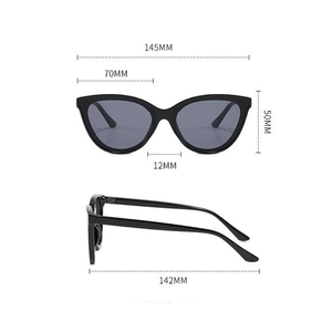 Detailed size chart of cat eye sunglasses showing 145mm frame width and 142mm temple length