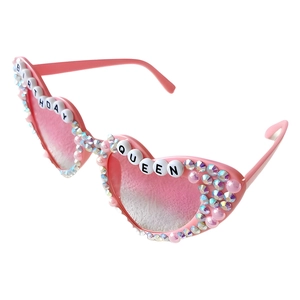 Pink heart birthday queen sunglasses with rhinestones and pearls for party wear