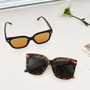 Lunettes de soleil carrées chics noires et écaille avec rivets étoile dorés sur fond blanc