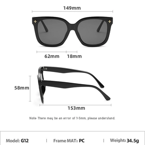 Tableau des tailles pour lunettes de soleil carrées avec dimensions de monture noire en PC