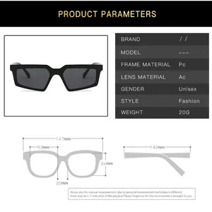 Detailed size chart for retro cat eye sunglasses showing PC frame and AC lens dimensions