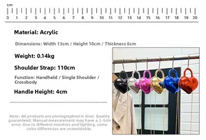 Detailed dimensions of heart-shaped acrylic mini bag with metal chain strap 13x10x6cm