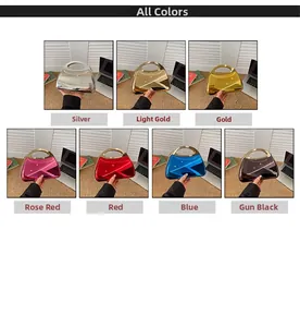 Matrix display of hard shell evening clutch bags with metallic mirror finish in seven colors