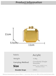 Detailed size chart and dimensions for the golden acrylic octagon mini clutch bag