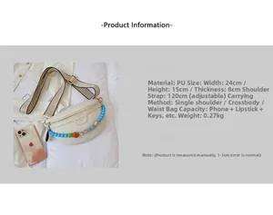 Detail of cream PU crescent crossbody bag featuring colorful beads and adjustable strap