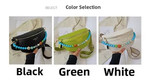 Three semi-circular crossbody bags in black, green, and white with beaded chains