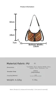 Detailed size guide of woven patchwork crossbody bag showing 23cm width and adjustable strap