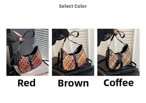 Detailed comparison of woven hobo bags in red, brown, and coffee color options