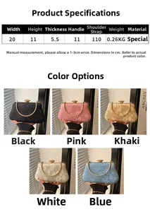 Detailed specs of lace sequin evening bags showing size and five available colors