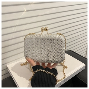 Dettaglio della borsa da sera con glitter argento con cornice dorata e chiusura a sfera