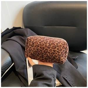 Detail van compacte make-uptas met luipaardprint en ritssluiting vastgehouden in de hand