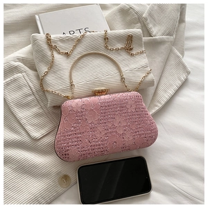 Compact pink floral lace evening bag with sparkling rhinestones and gold chain strap