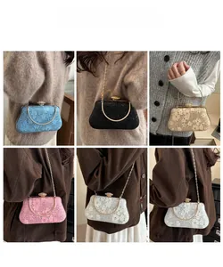 Collage showing stylish rhinestone evening clutch bags in multiple colors with chain straps