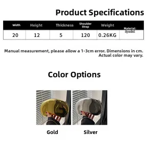 Size chart for cashew shaped acrylic evening clutch with dimensions and strap length details