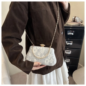 Detailed view of white lace evening clutch bag with gold chain strap and metal clasp