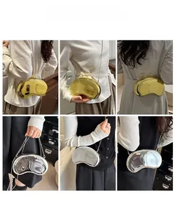 Collage of glossy kidney-shaped acrylic box evening bag in metallic gold and silver finish