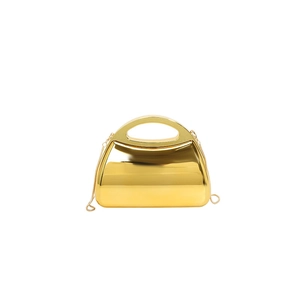 Glossy gold hard shell evening bag with integrated handle and metal chain strap