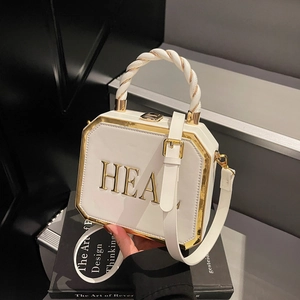Women Octagonal Box Bag PU Leather Gold Metal Frame HEAL Letter Handbag Crossbody For Daily Fashion Elegant Style
