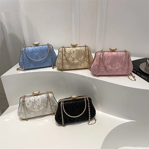 Elegant rhinestone evening clutch bags in multiple colors with gold chain straps